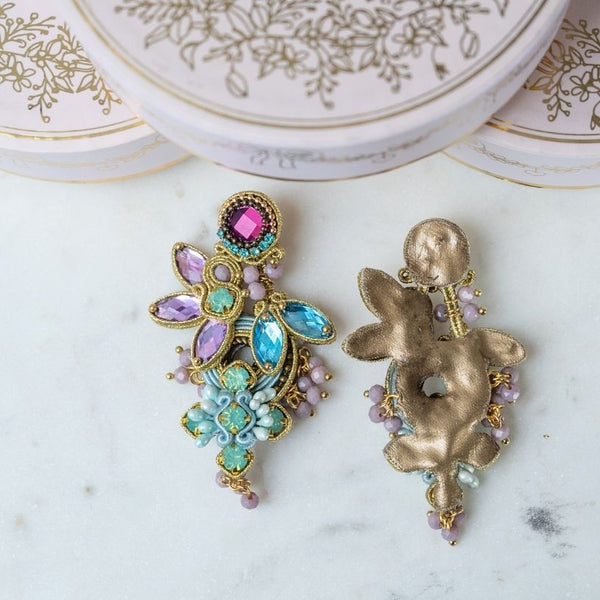 Große Soutache-Ohrringe in pastelligem Magenta, Rosa und Hellblau