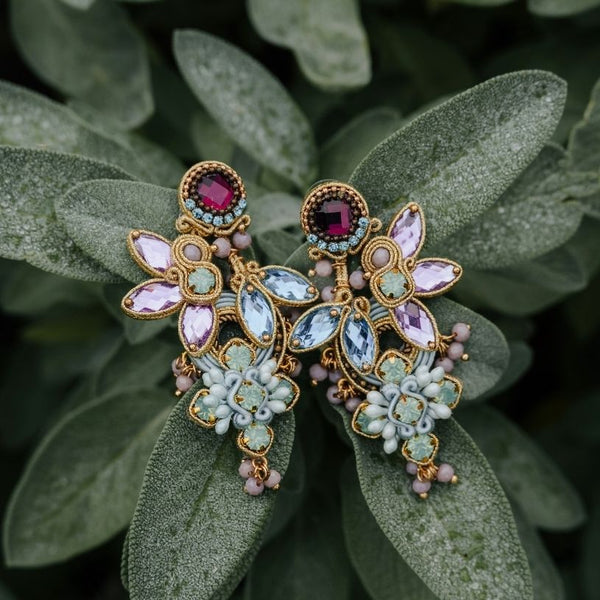 Große Soutache-Ohrringe in pastelligem Magenta, Rosa und Hellblau