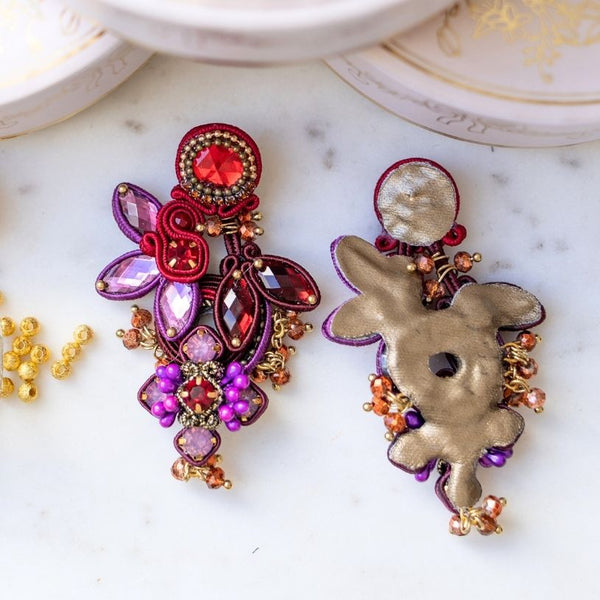 Vorbestellbar - Große Soutache-Ohrringe in Rot, Magenta und Violett