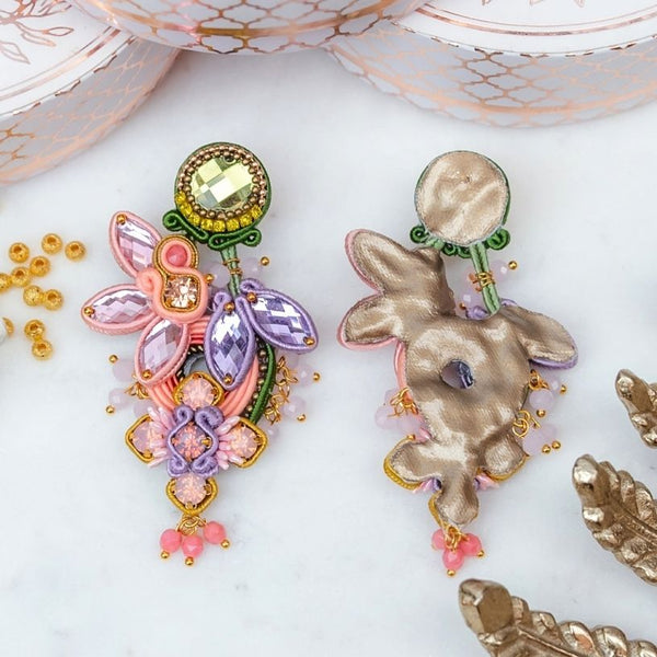 Große Soutache-Ohrringe in Hellkorall, Rosa, Grün und Flieder