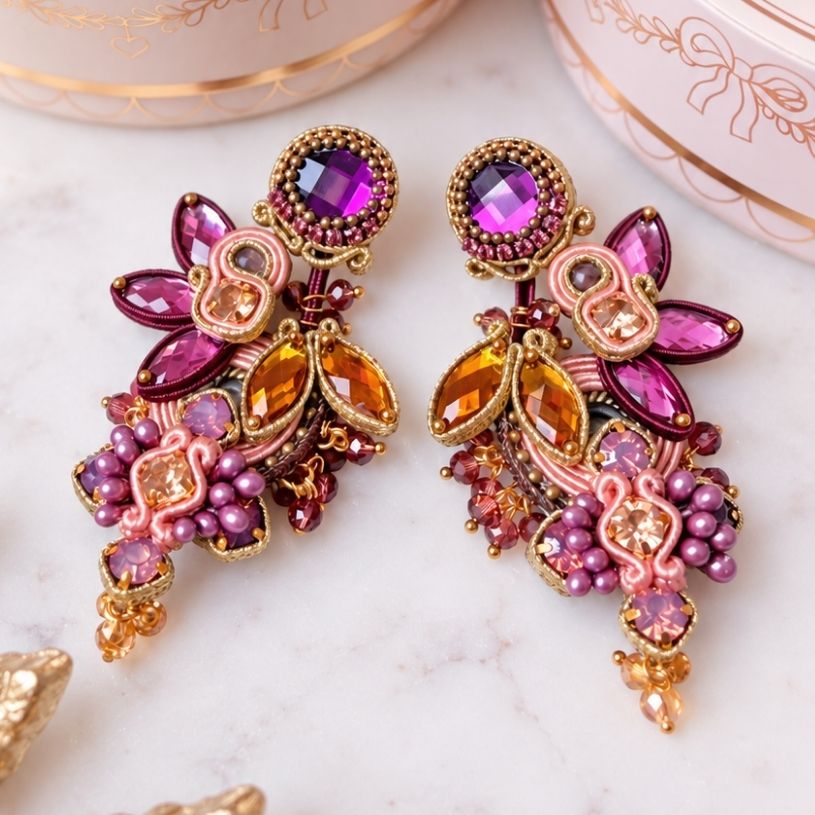 Große Soutache-Ohrringe in Violett, Rosa und Gold
