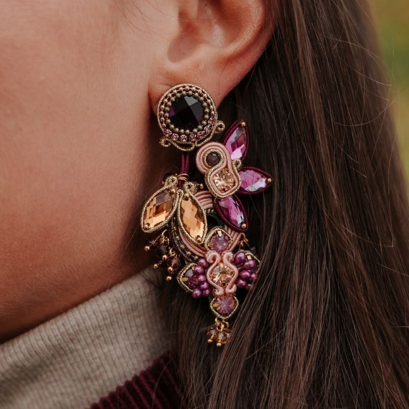 Große Soutache-Ohrringe in Violett, Rosa und Gold