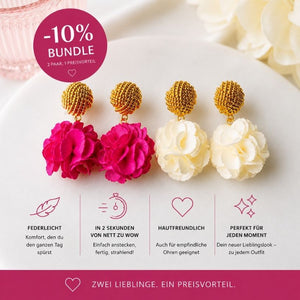 Set aus vergoldeten Knoten-Ohrstecker mit pinkem und cremefarbenem Blüten-Pompom