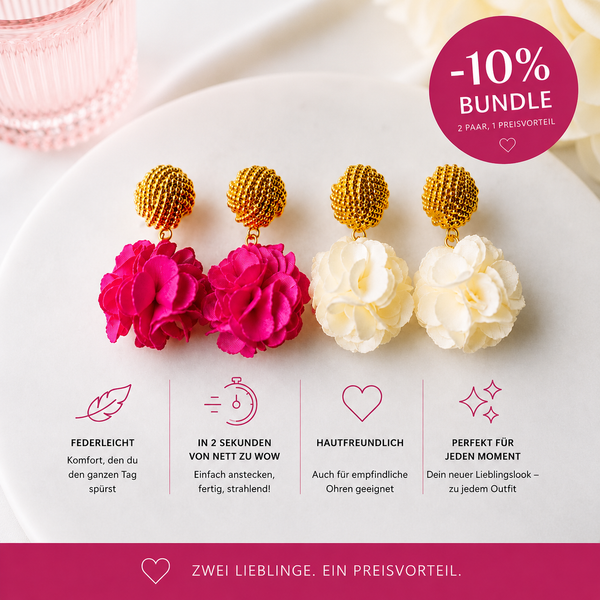 Set aus vergoldeten Knoten-Ohrstecker mit pinkem und cremefarbenem Blüten-Pompom
