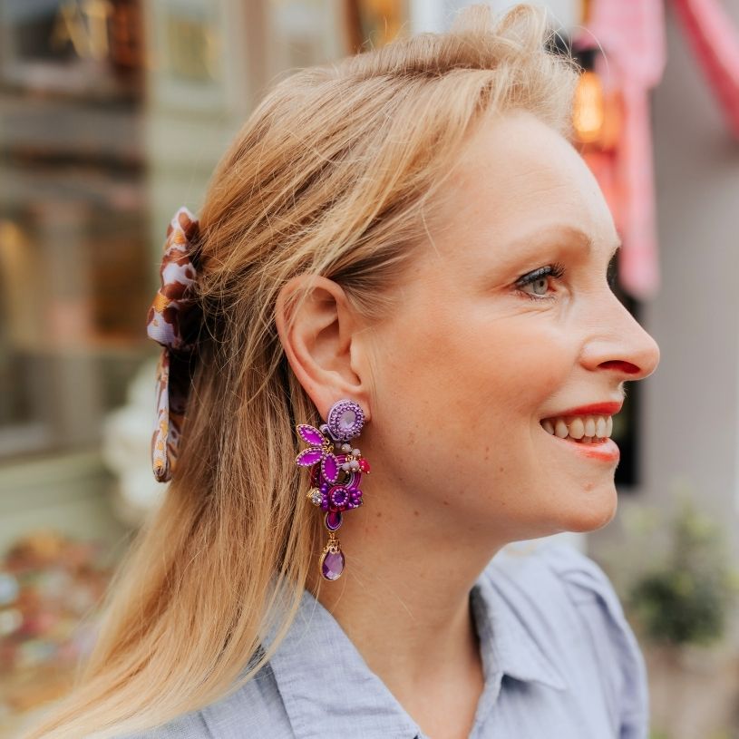 Florale Soutache-Ohrringe in Magenta, Flieder und Pink