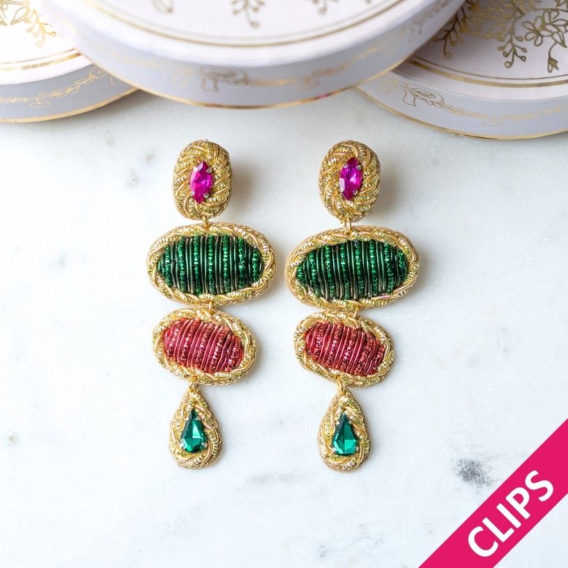 Elegante Soutache-Ohrclips mit Elementen in Grün und Rot