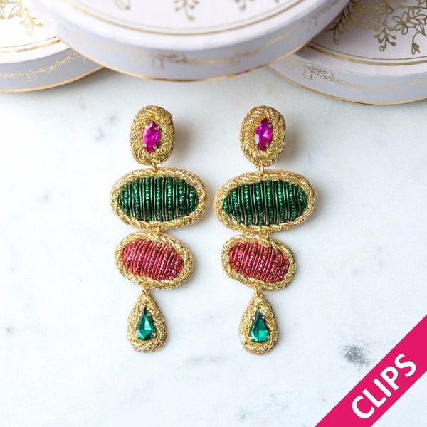 Elegante Soutache-Ohrclips mit Elementen in Grün und Rot