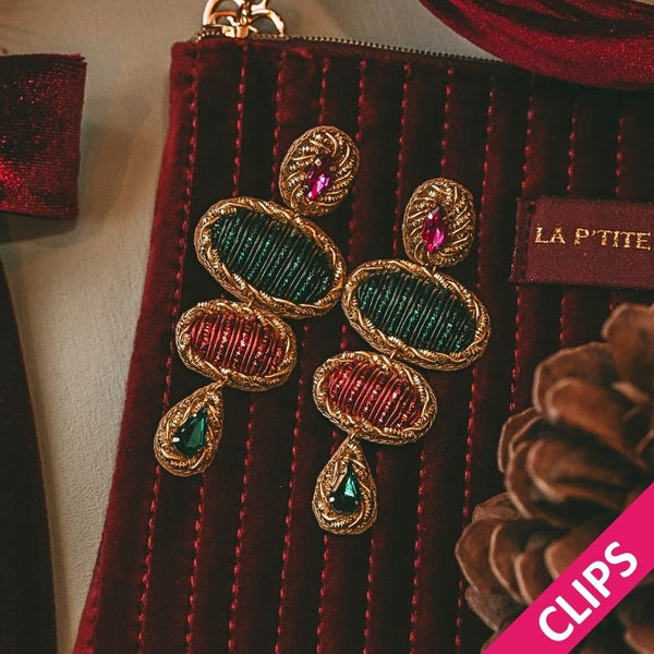 Elegante Soutache-Ohrclips mit Elementen in Grün und Rot