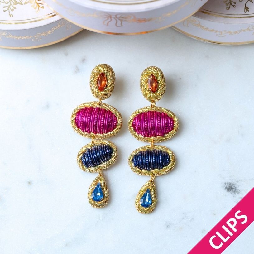 Elegante Soutache-Ohrclips mit Elementen in Pink und Blau