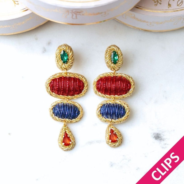 Elegante Soutache-Ohrclips mit Elementen in Rot und Blau