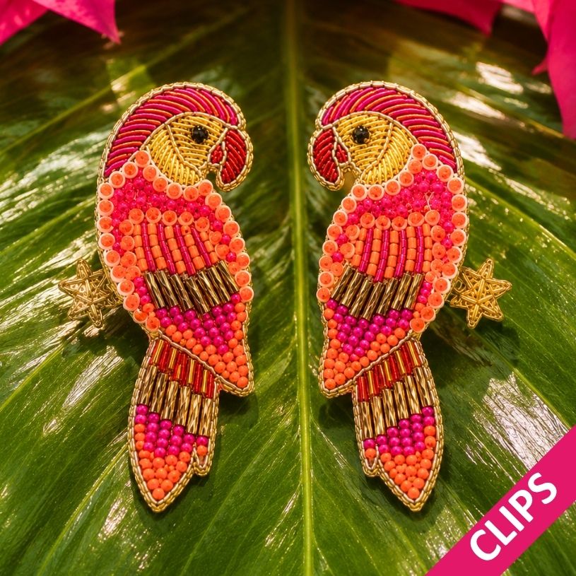Pink-Orange Soutache-Ohrclips als Papagei
