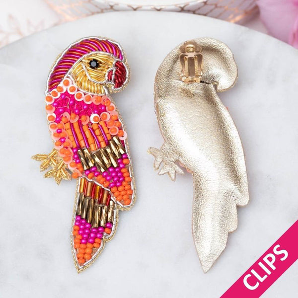 Pink-Orange Soutache-Ohrclips als Papagei