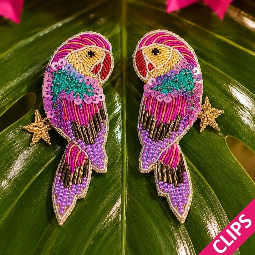 Bunte Soutache-Ohrclips als Papagei