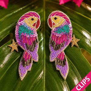 Bunte Soutache-Ohrclips als Papagei