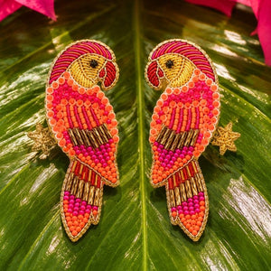 Pink-Orange Soutache-Ohrringe als Papagei