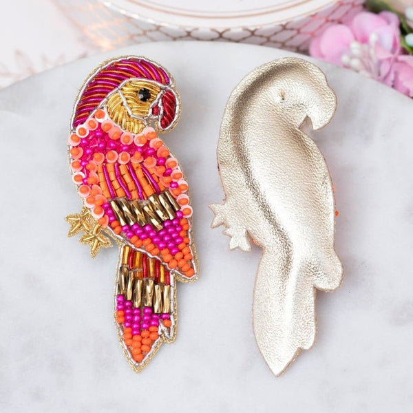 Bunte Soutache-Ohrringe in Pink-Orange als Papagei