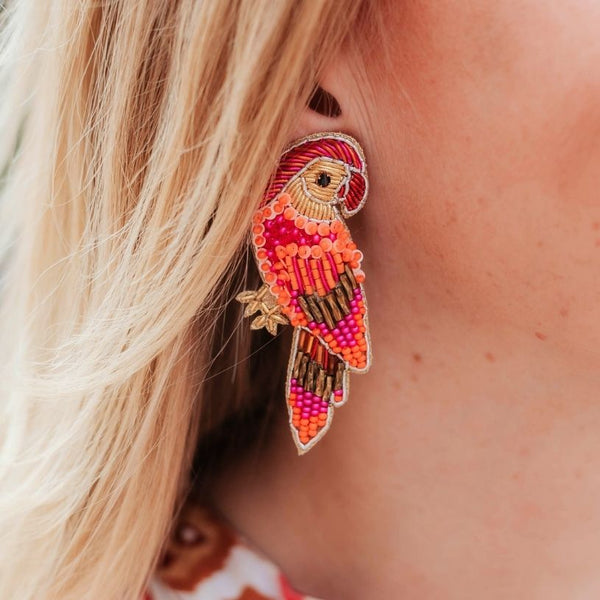 Pink-Orange Soutache-Ohrringe als Papagei