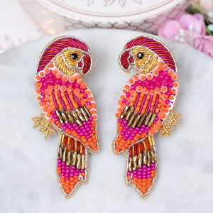 Bunte Soutache-Ohrringe in Pink-Orange als Papagei