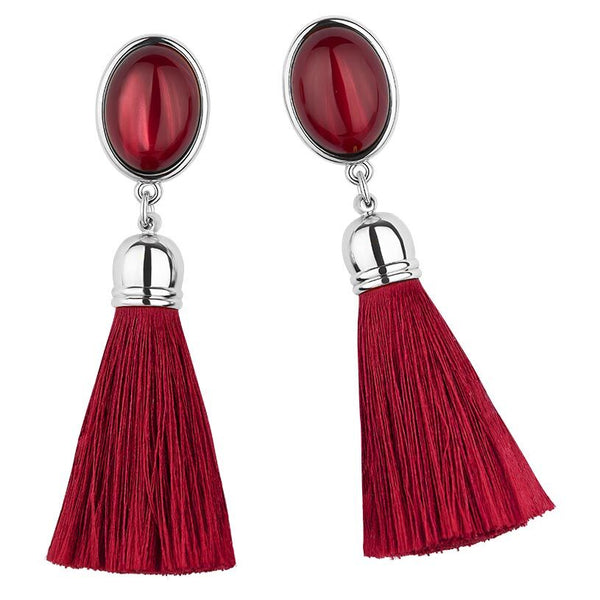 Rot schimmernde Ohrclips mit schöner Quaste in Bordeaux-Rot in Silberfarben von AmuseToi