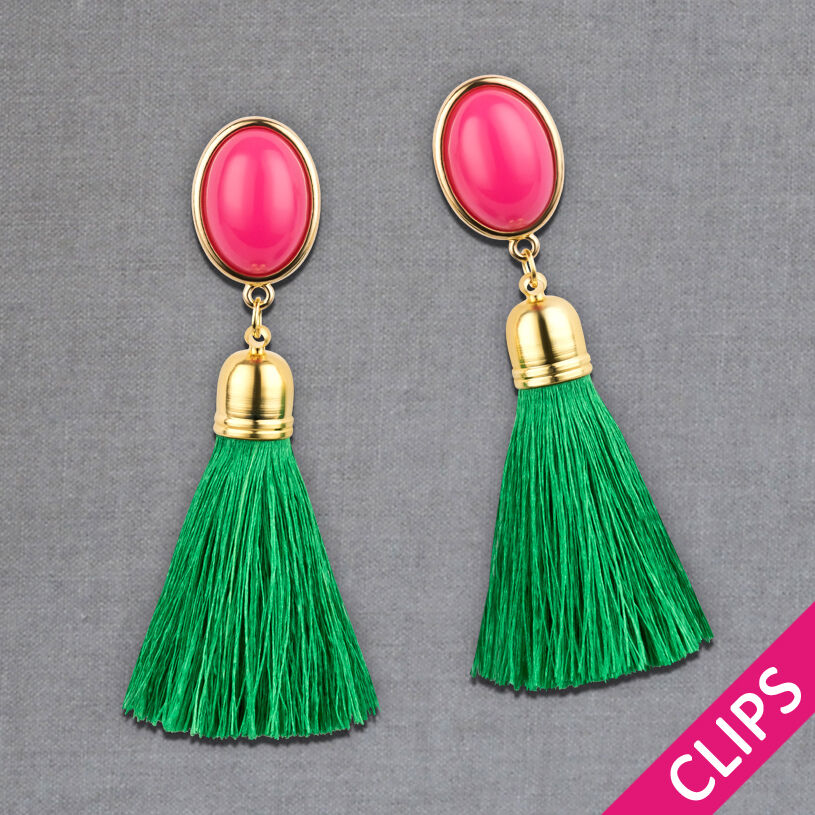 Ohrclips in Pink mit smaragdgrüner Quaste von AmuseToi