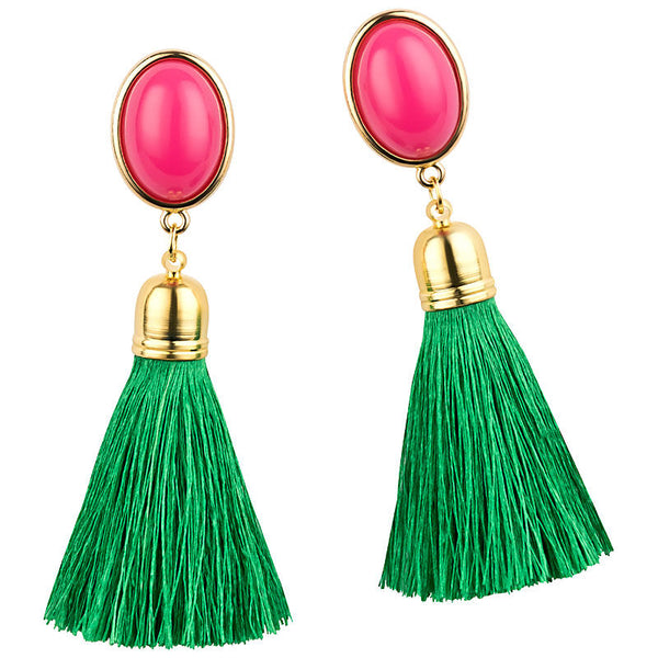 Ohrclips in Pink mit smaragdgrüner Quaste von AmuseToi