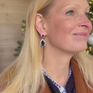 Pinke Glas-Kristall-Ohrstecker mit dunkelblauem Kristalltropfen