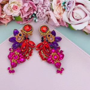 Große Soutache-Ohrclips in Orange, Pink, Rot und Violett