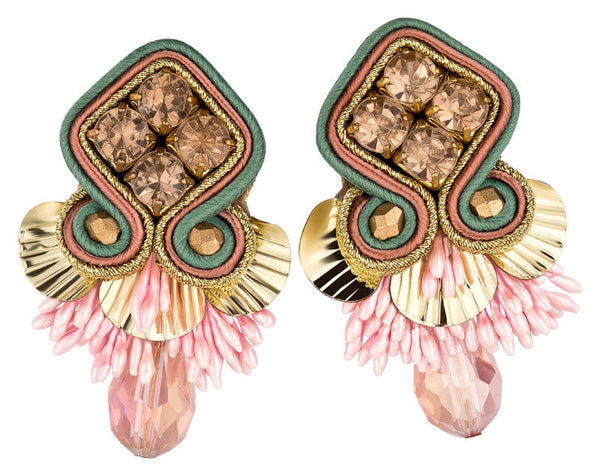Schöne Soutache-Ohrstecker in Türkis, Gold und rosafarbenen Tropfen
