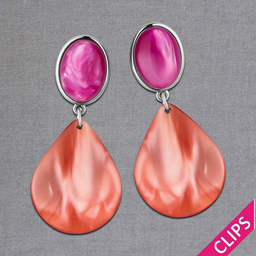 Silberfarbene pinke Ohrclips mit korallfarbenen Tropfen von AmuseToi